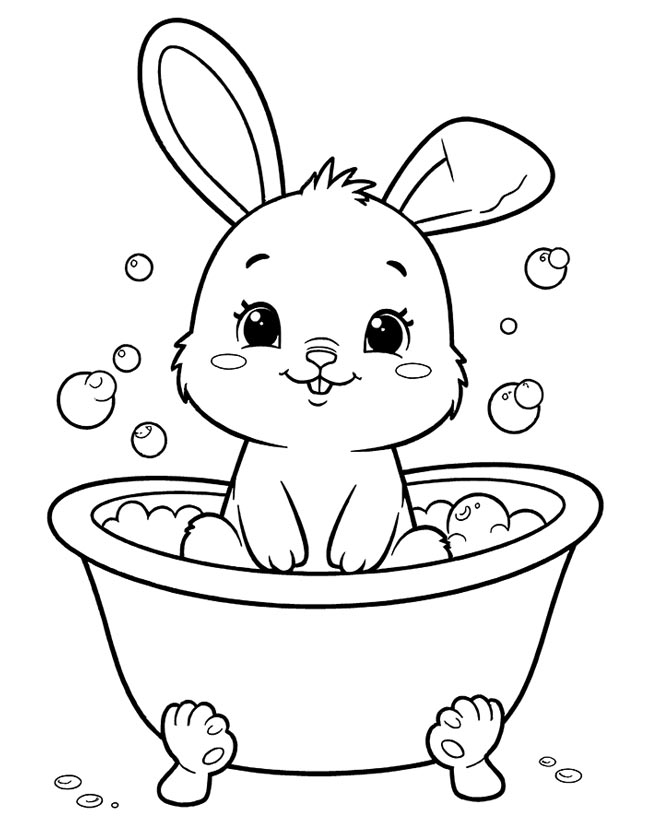 Baby rabbit bathing in a tub coloring page